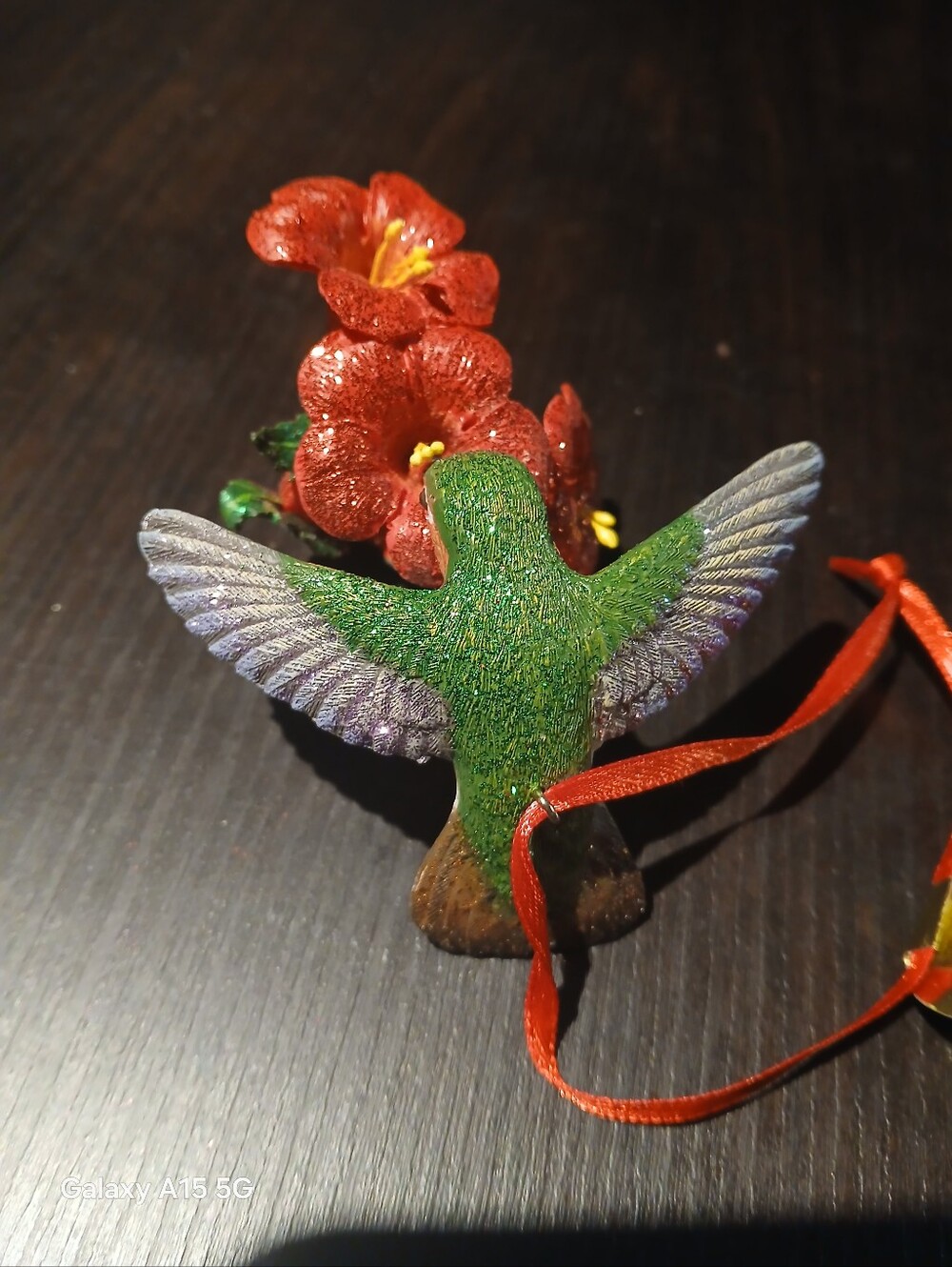 Danbury Mint Green and Red Glitter Hummingbird Ornament with Red Flower